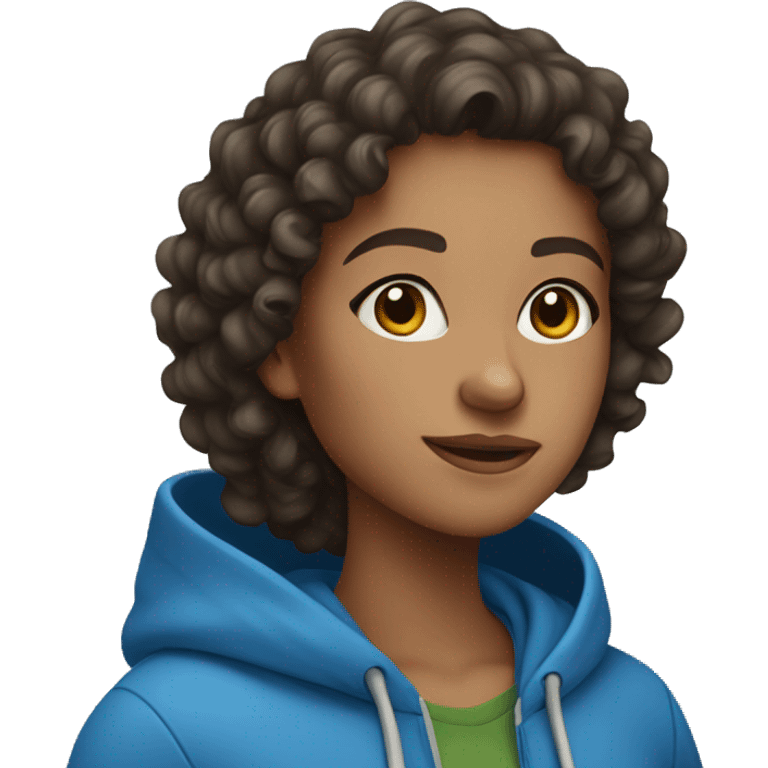 Brunette Girl wearing a blue hoodie curly hair emoji