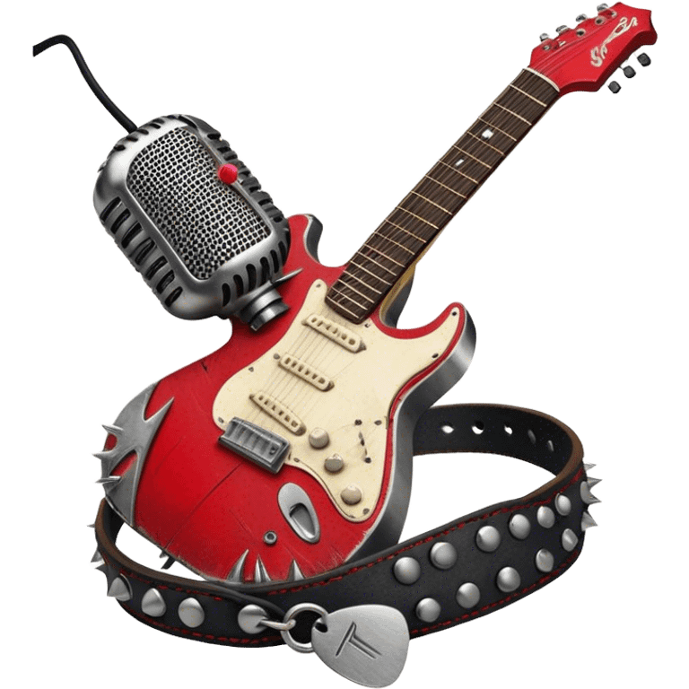 Create a powerful and dynamic humanless emoji representing rock vocals. The design should feature a classic vintage microphone with a rugged, distressed look, surrounded by elements like a guitar pick, electric guitar neck, and sound waves to reflect the raw energy of rock music. Add subtle details such as a spiked bracelet, leather textures, or bold lightning bolts to evoke the rebellious and intense spirit of rock. Use dark, edgy colors like black, red, silver, and metallic accents to emphasize the fierce, loud, and passionate nature of rock vocals. The background should be transparent. emoji