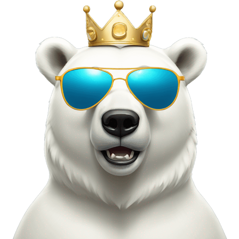 polar bear dj, cute emoji face, looking forward, wearing cool sunglasses, wearing over-ear headphones, wearing a fun crown on top of his head emoji