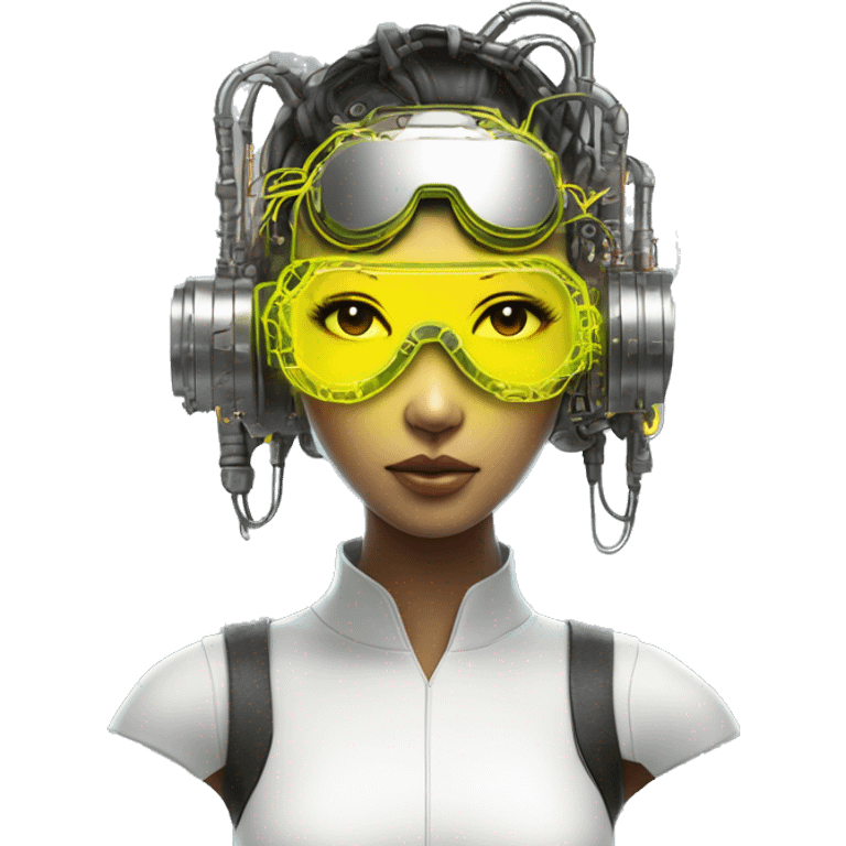 Neon yellow bobbed hair Asian female cyborg head with silver steampunk goggles and circuits emoji