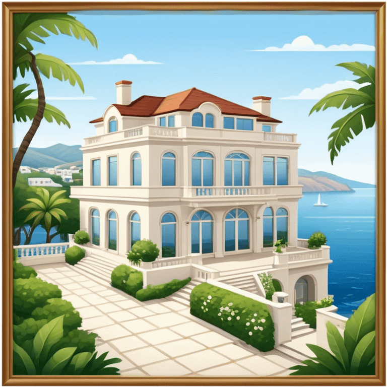 A mansion by the sea, with large windows, a spacious terrace overlooking the water, and a traditional or modern architectural style. The house is typically white or light-colored, with a luxurious and elegant design. Surrounded by beautiful greenery and a calm, scenic view of the coastline emoji