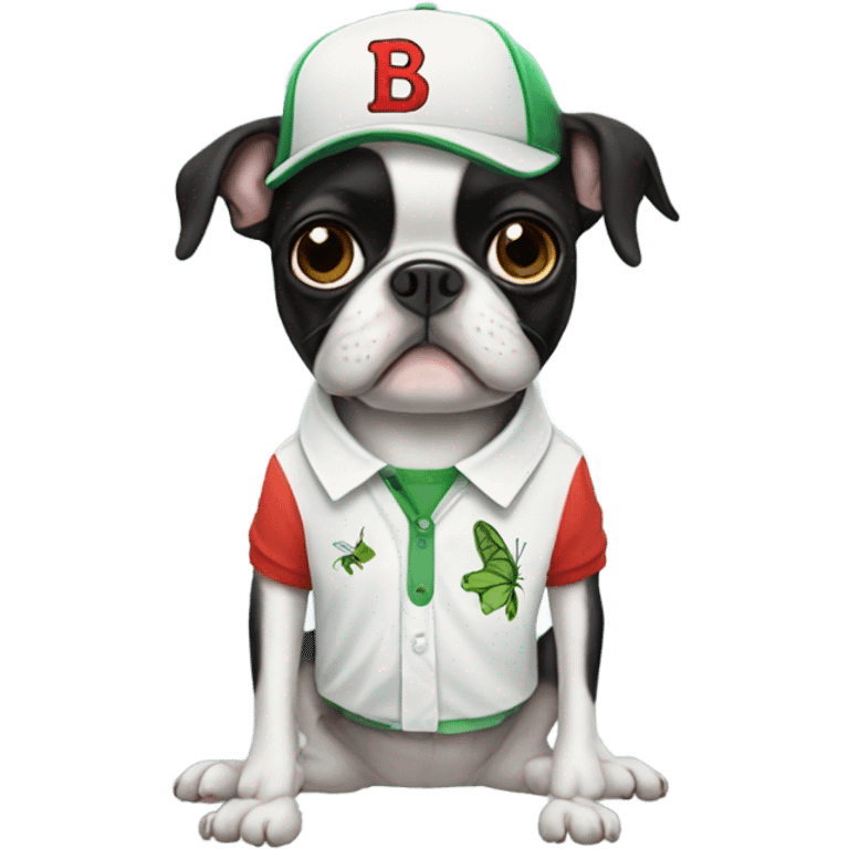 Boston terrier with a shirt that has a cricket on it emoji