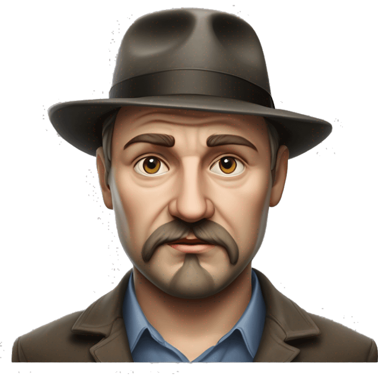 Russian writer Alexander Kuprin Photorealism A plump serious man of Slavic appearance with Small eyes with goatee beard and mustache, with a  short haircut, big detailed face, wrinkled face, wearing a fedora hat emoji