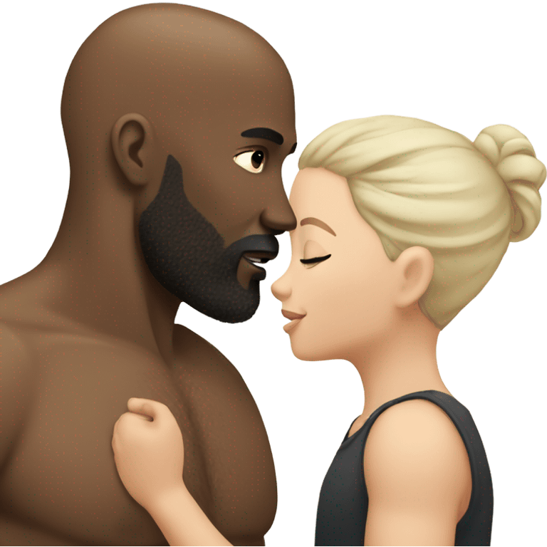 White brunette kissing muscular black bald man with beard emoji