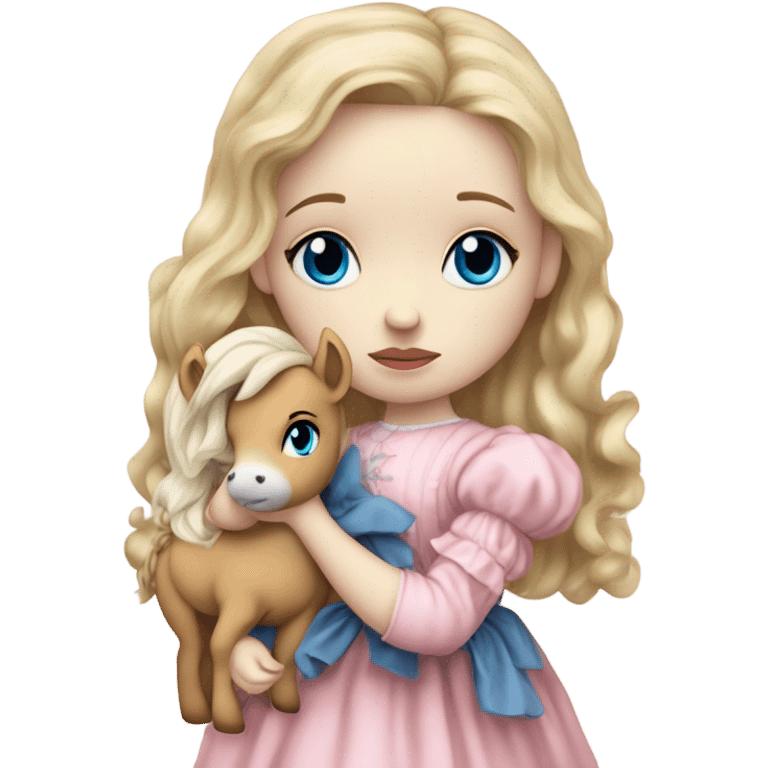 Blonde, pale skin, blue eyes girl wearing a pink dress cuddling her pony stuffed animal. She is from the Victorian era. She is sad and has tears in her eyes emoji