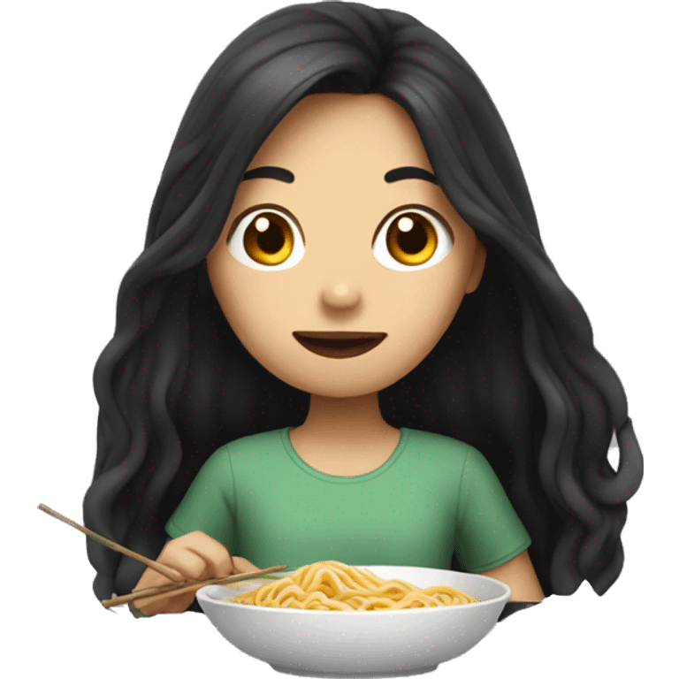 Girl with long dark hair eating noodles emoji