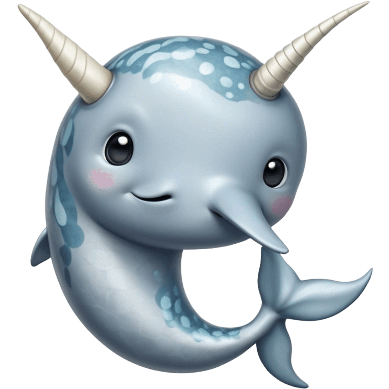 Cinematic Noble Cute Narwhal Portrait Emoji, Poised and graceful, with a streamlined, gently curved body clad in mottled, silvery-gray skin, accented by a long, spiraled ivory tusk and wide, expressive eyes radiating playful intelligence, Simplified yet sharp and sophisticated features, highly detailed, glowing with a cool, frosted ocean glow, high shine, intelligent and enigmatic, stylized with an air of whimsical marine majesty, focused and graceful, soft glowing outline, capturing the essence of a watchful and confident cute narwhal that appears ready to glide out of the screen with effortless charm! emoji