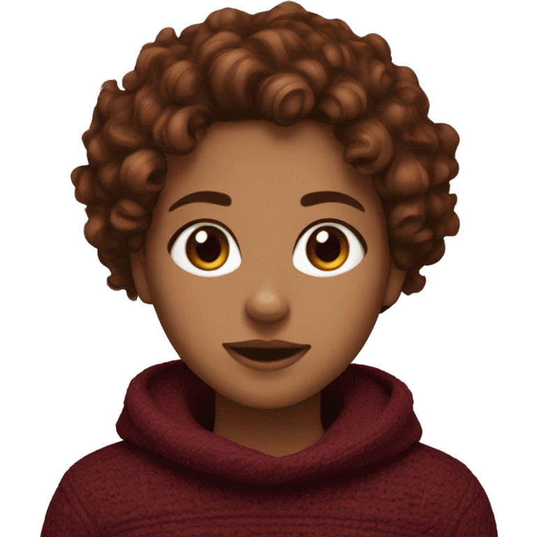 Girl with type 3B big curly copper brown hair, medium dark brown eyes, pals skin, wearing a maroon sweater  emoji