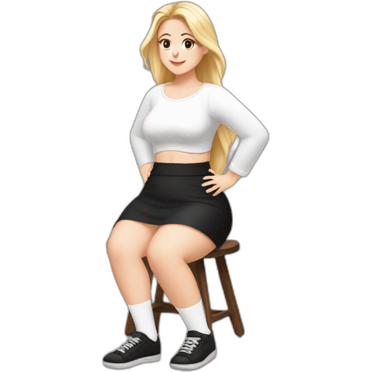 Front view full body curvy caucasian beauty sits on the floor straight hands up black skirt white knickers white socks emoji