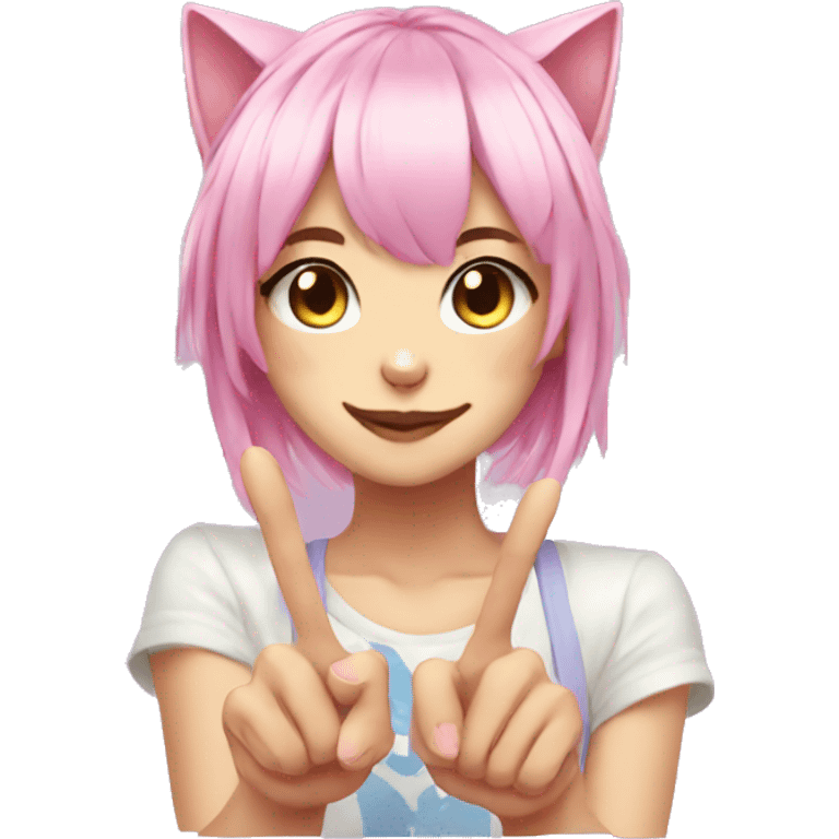 Anime cat girl face pink hair with peace sign fingers emoji