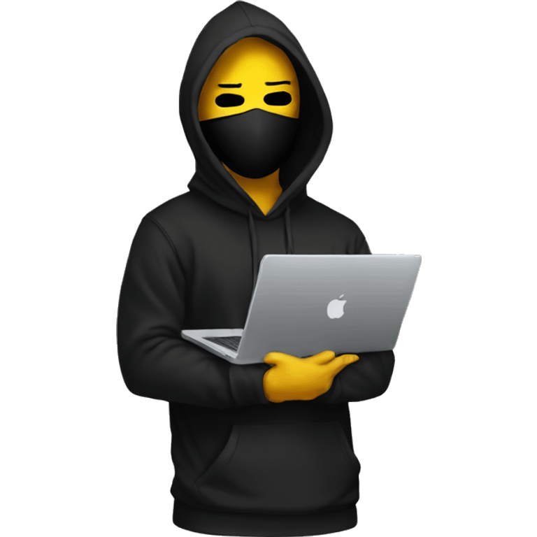 anonymous with laptop with black hoodie and having a mask  emoji