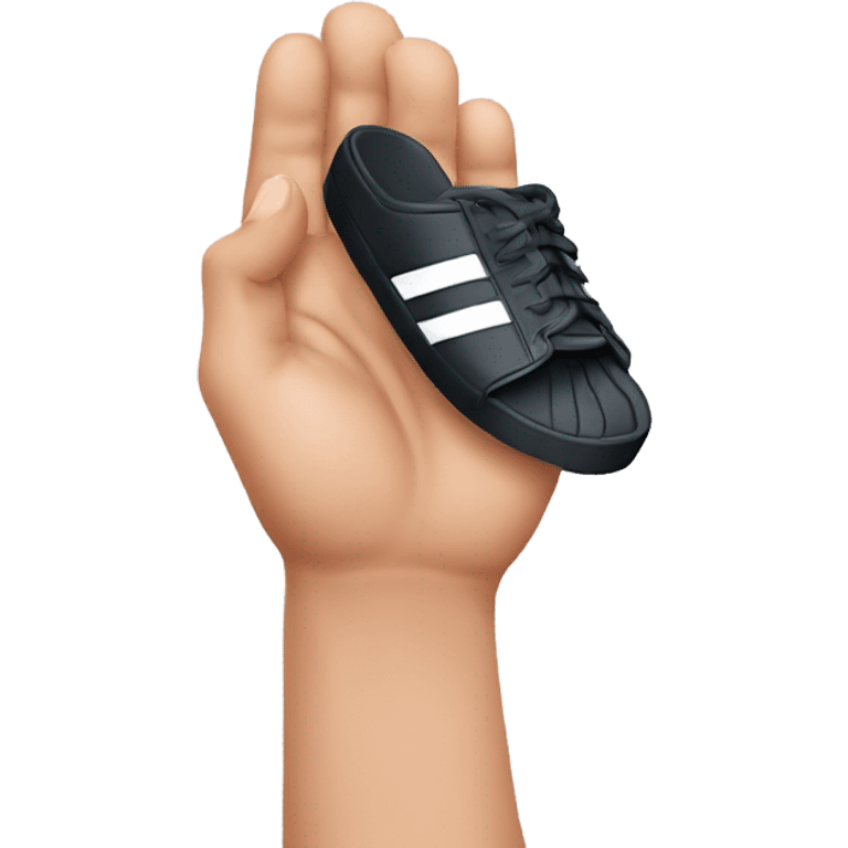 a hand holding an adidas slipper ready to throw it emoji