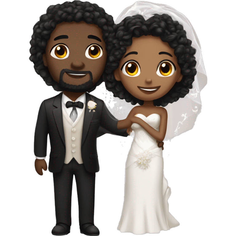 African Bride and Groom. Black long curly hair. Short black haircut. Hugging each other. Eyes closed. emoji