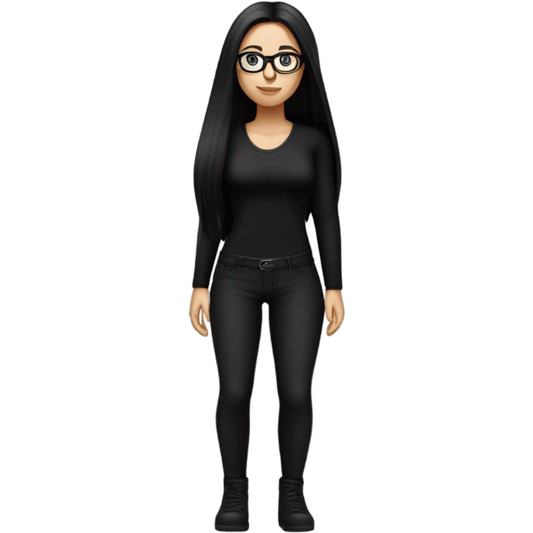 White girl with long straight black hair wearing a black bodysuit and glasses full body emoji