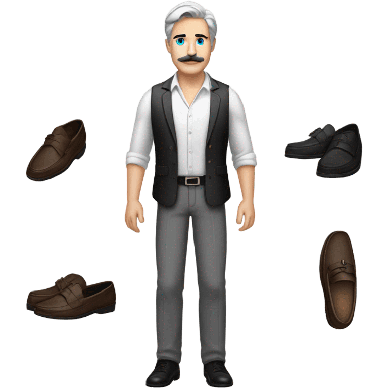 a white man standing  with blue eyes a thick dark brown  moustache, down turned black eyebrows and then dark grey hair he’s wearing an expensive watch and a white shirt and black dressy pants with beige loafers he’s very handsome  emoji