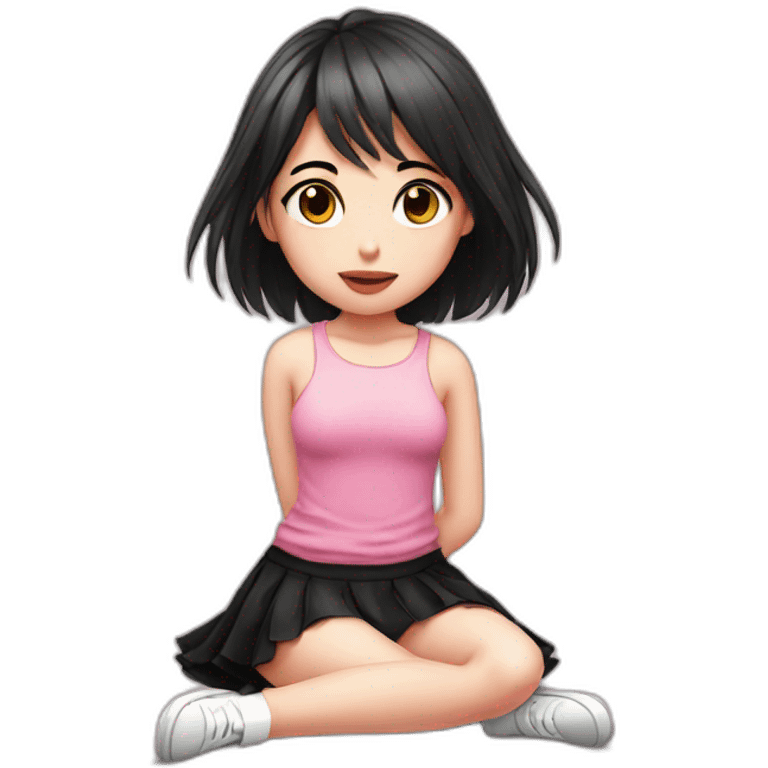 full body Front view emo girl sits on the floor black skirt pink knickers emoji