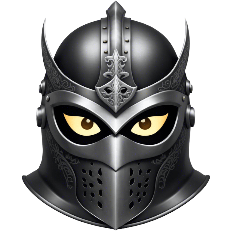 A masked knight with intricate black engravings on his steel helmet, eyes glowing with fury emoji