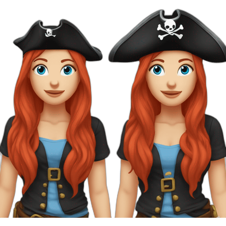 Woman long red hair on one side in a platt.pirate hat. One side of head has no hair. Blue eyes. skull and crossbones t shirt emoji