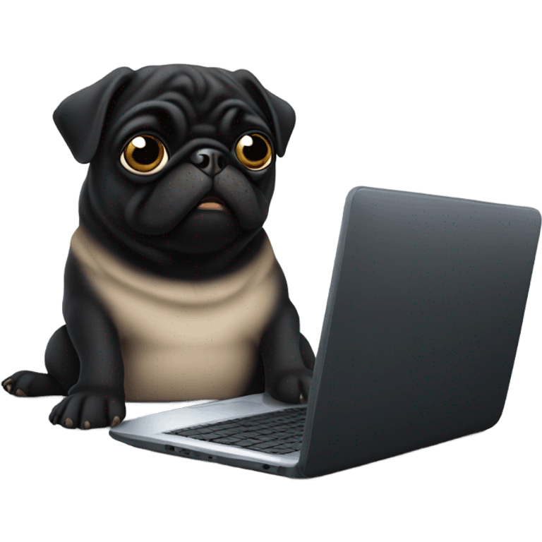 Black pug using a laptop emoji