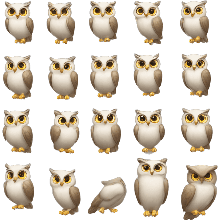 draw 10 identical owls but in different positions emoji