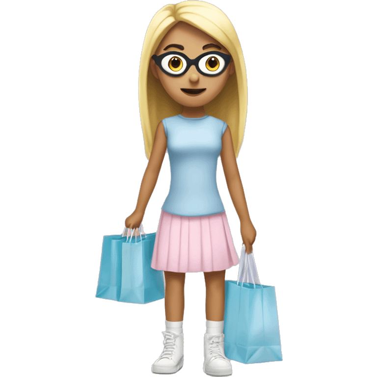 Despicable 4 character mega minion teenager with a white bow in hair and light pink skirt, eyelashes, and light blue shopping bag girl emoji