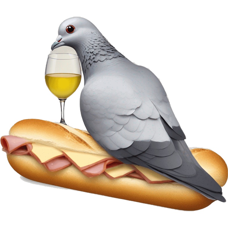 Pigeon with a PSG football club lying on a ham and butter baguette sandwich, drinking white wine emoji