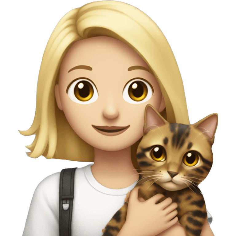 blonde girl holding tortoiseshell cat emoji