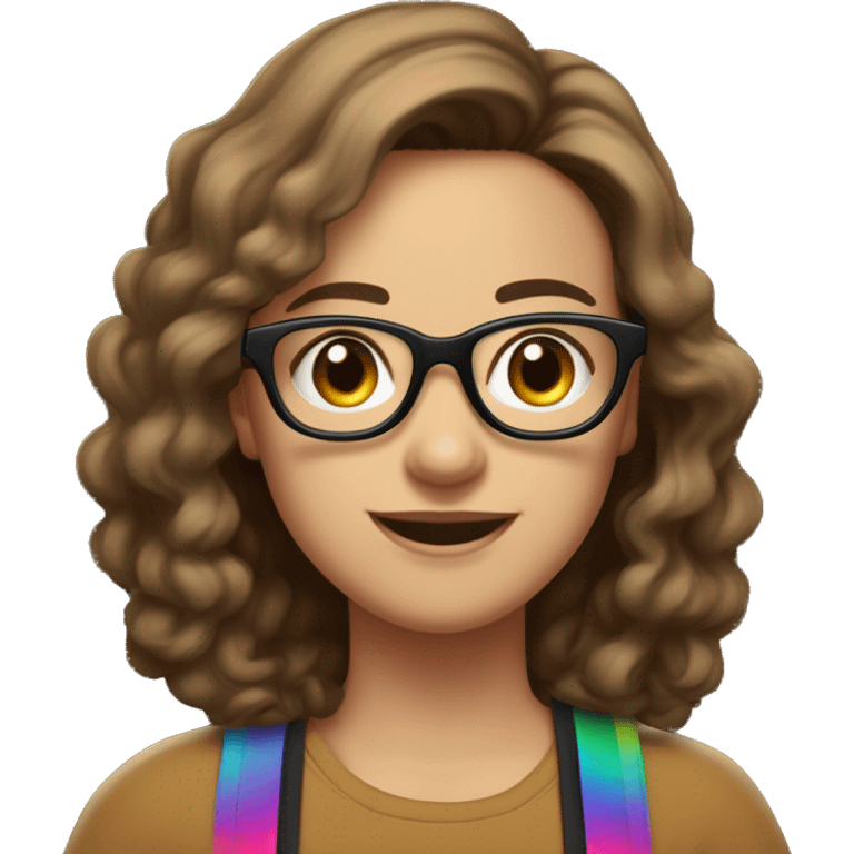 
Make an emoji of a woman, black glasses, brown hair, medium white skin color. Black T-shirt. Rainbow-colored suspenders, brown eyes, medium-sized mouth, with an incredible smile and a crown on his head emoji