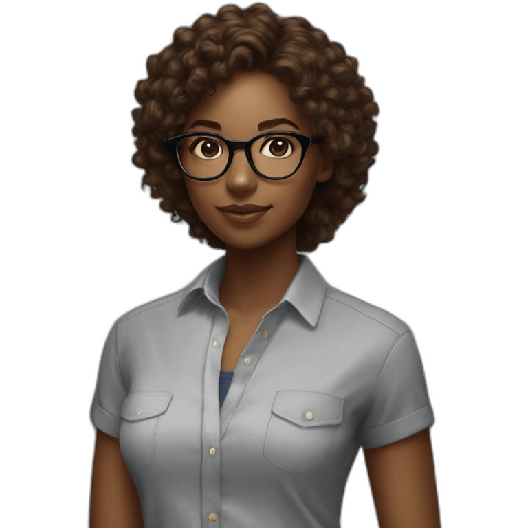 young black woman software engineer with eyeglasses with curly brown hair with ralph lauren shirt with arms emoji