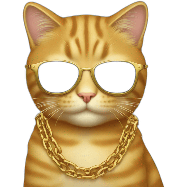 Cat with sunglasses and a golden chain with „Tom“ Badge emoji