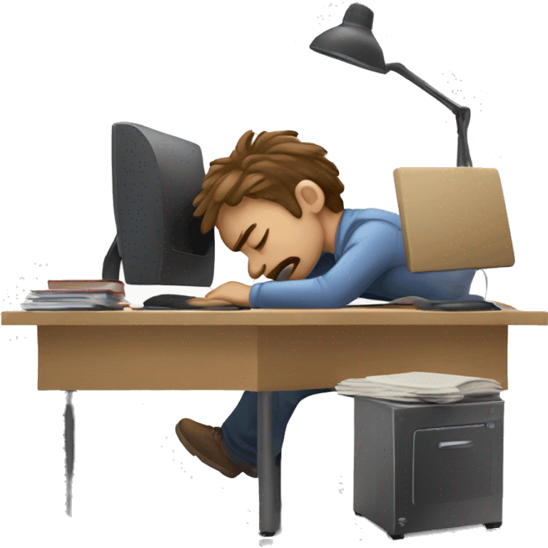 a tired man sleeping on the desk while the computer is open and you can see a warning sign on the screen emoji