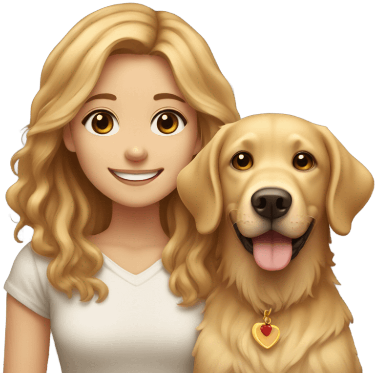 Smiling girl with long brown hair and a small shaggy golden Labrador dog with brown eyes emoji