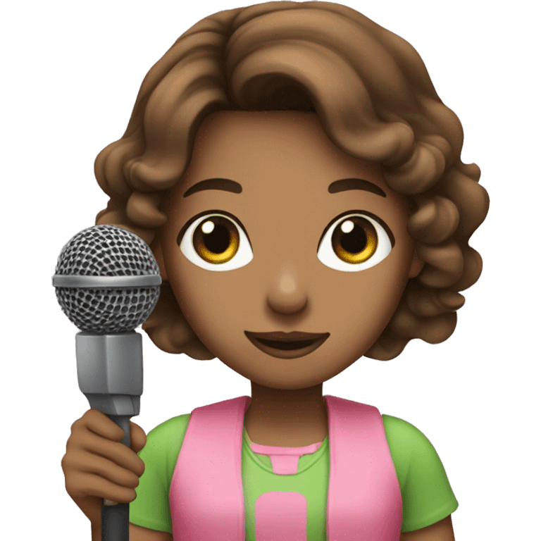 brown haired girl with green eyes wearing pink with a microphone  emoji