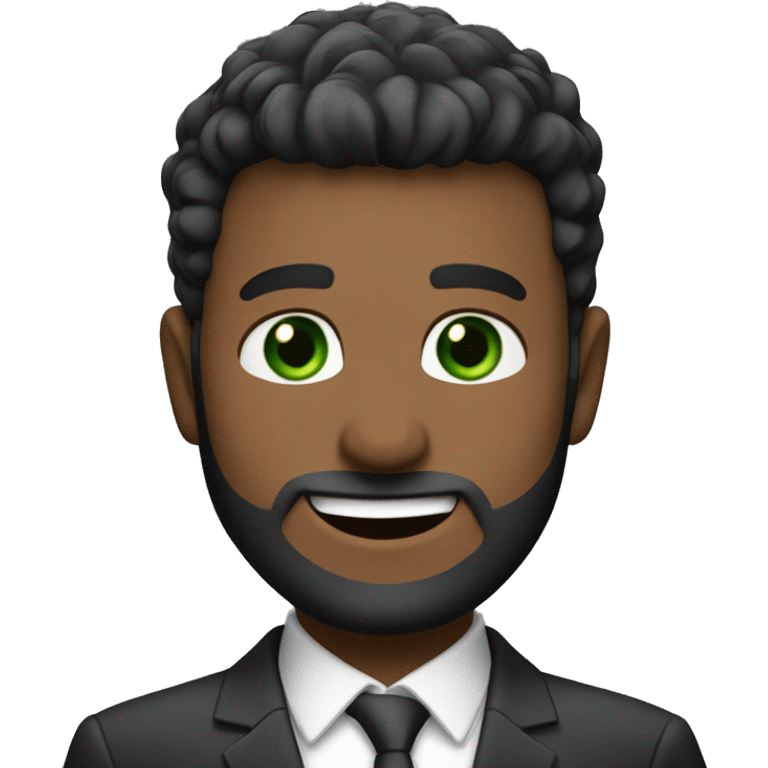 Finance guy, short black hare, green eyes, suit, beard like 3 days, white. big smile. crewcut emoji