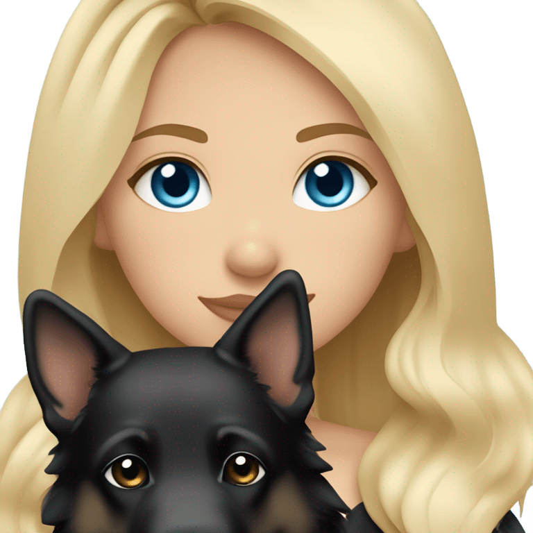 blonde balayage girl with blue eyes cuddled with a black German shepherd  emoji