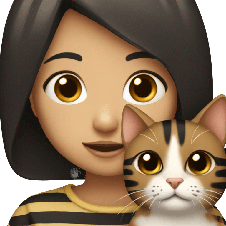 girl with black hair holding brown striped cat emoji