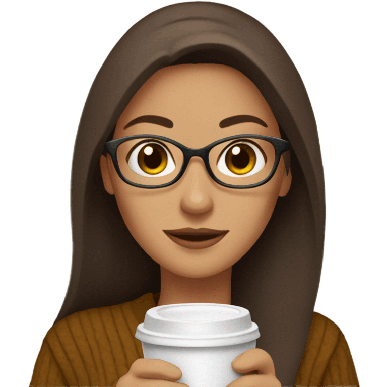 brown long hair brown women sweater brown eyes and small glasses holding coffee emoji