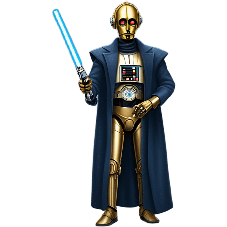 undercover tough well-equipped jedi first order life-sized darkblue-pearl C3po as a friendly bounty hunter droid wearing a leather clothing old west duster coat holding light saber emoji