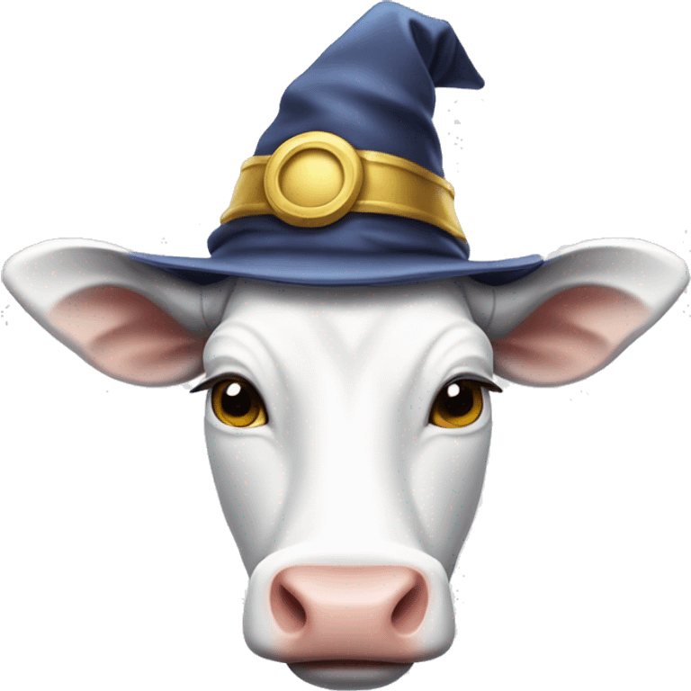 white cow face wearing wizard hat and stick emoji