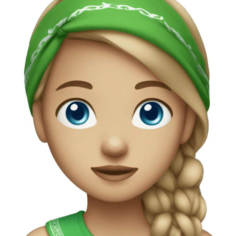 girl with blue eyes, light brown straight hair, wearing a green bandana emoji