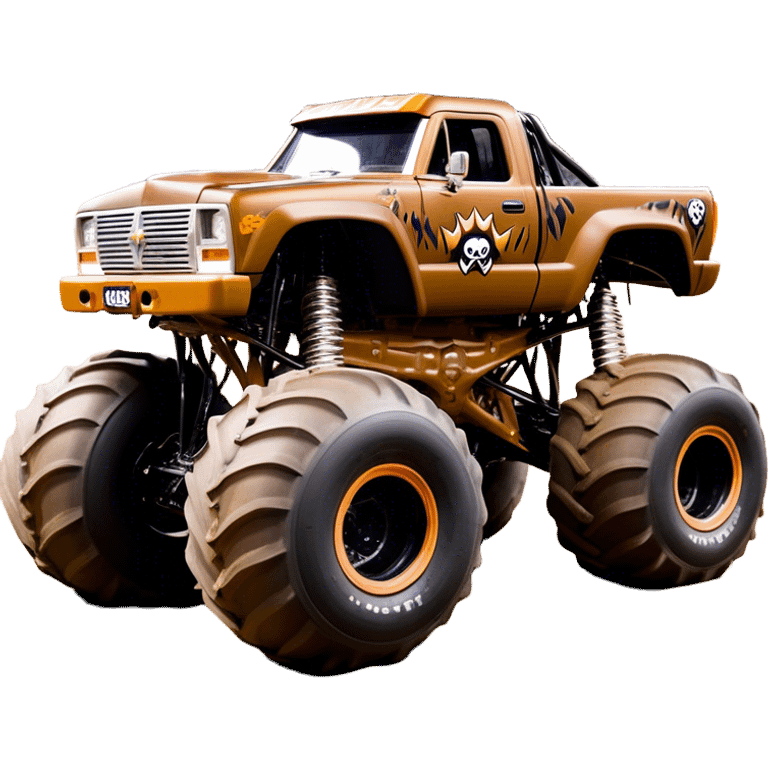 Monster Mutt - Monster Jam (Model Year: 2021) (Iconic colour: Brown with dog features) - A unique monster truck with playful, dog-inspired design cues. The vehicle is painted in warm brown tones and features subtle dog motifs (such as a stylized snout or ear shapes). It should blend the rugged power of a monster truck with quirky, endearing canine features. emoji