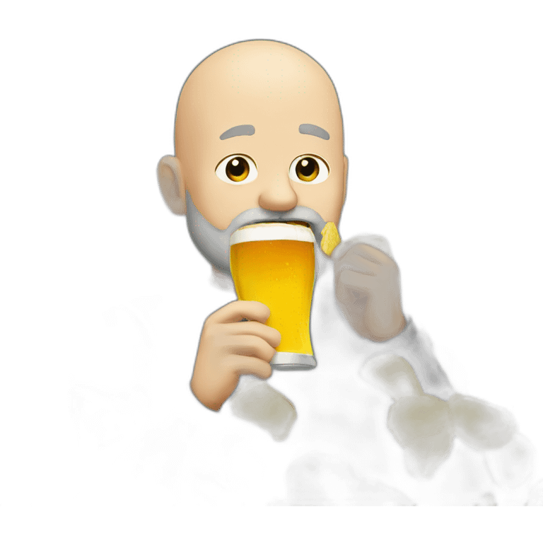 bearded bald man drinking beer and eating chips emoji