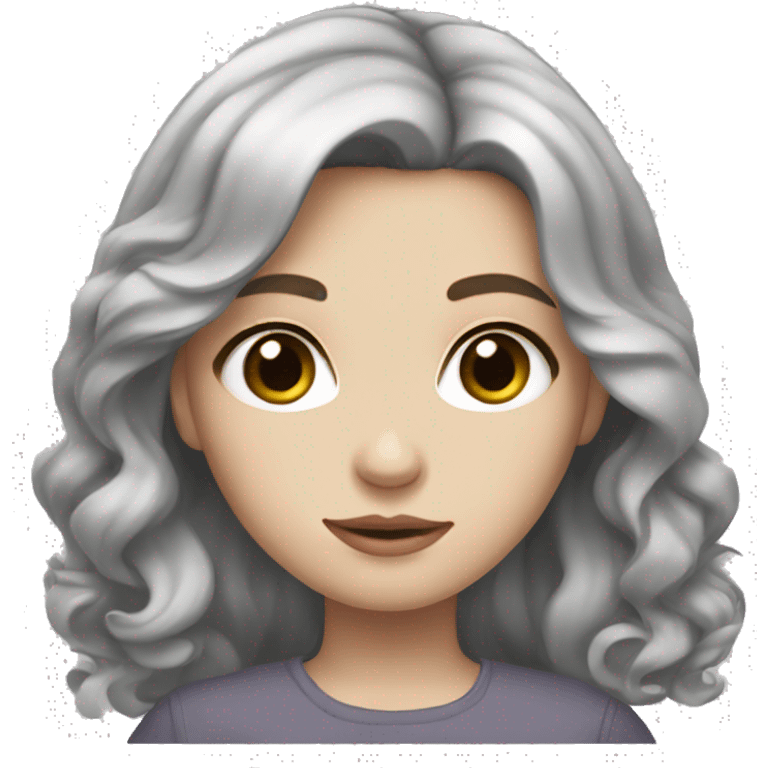 Girl with pale skin, black straigh hair with waves and the end of the hair, grey eyes, and cute  emoji