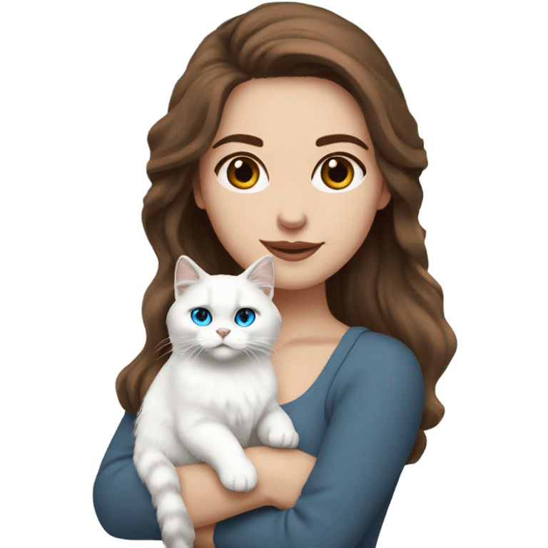 woman with brown hair and holding a all white Siberian cat with blue eyes emoji