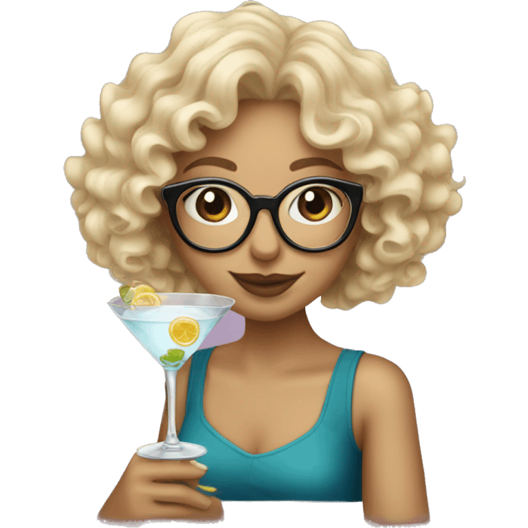 Blonde girl with curly hair and glasses drinking a martini emoji