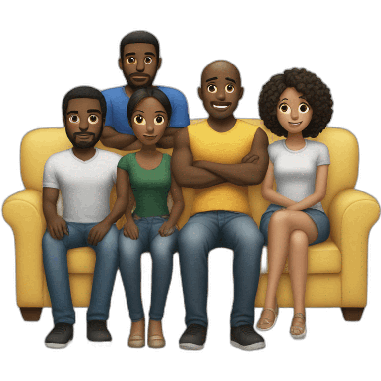 (five black men) standing around a light-skinned girl sitting on a sofa emoji