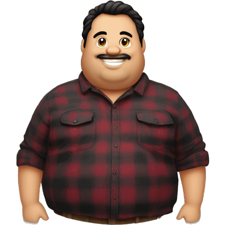 Fat man wearing a darkred and black plaid flannel shirt profile picture, happy, black hair emoji