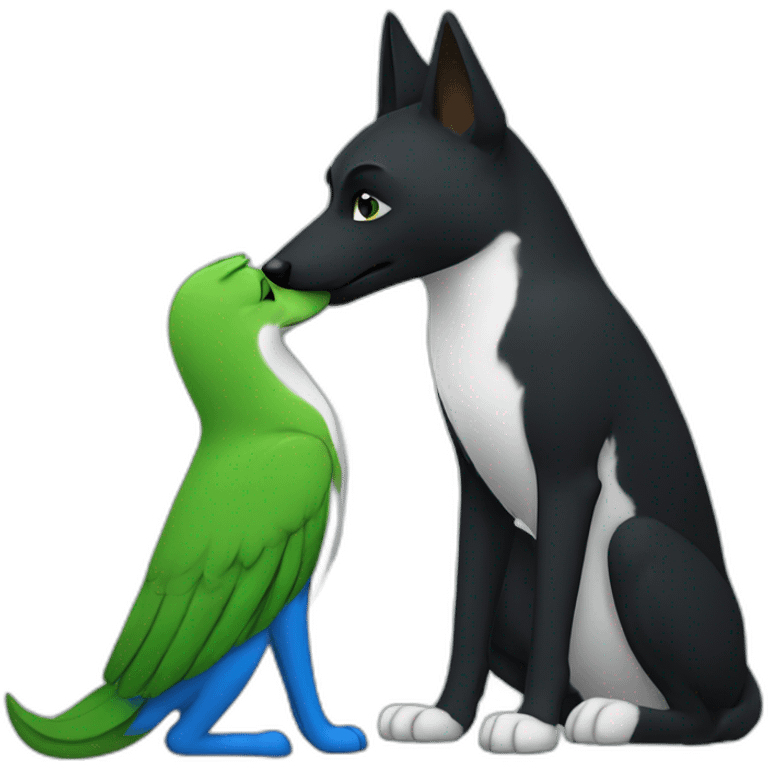 Anthropomorphic black, green, and white dingo kissing a blue anthropomorphic bird emoji