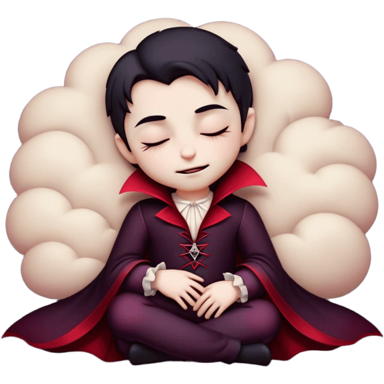 Meme-Worthy Cute Sleeping Vampire Portrait Emoji, with a refined, small, pale face softened by closed, serene eyes and a slight, peaceful smile, adorned in miniature elegant dark attire with a hint of fading crimson, simplified yet irresistibly adorable, highly detailed with a soft ethereal outline that captures the drowsy charm of a vampire in quiet nighttime slumber! emoji