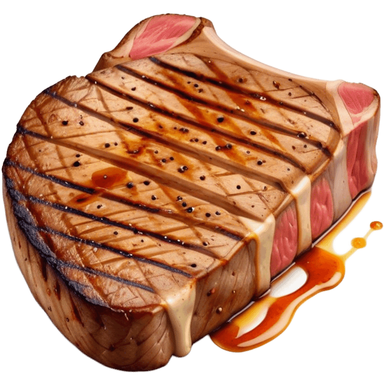 Cinematic thick-cut scotch t-bone steak, perfectly seared with grill marks, a grilled center, rich and savory, warm glow, sizzling and mouthwatering, highly detailed and appetizing. emoji